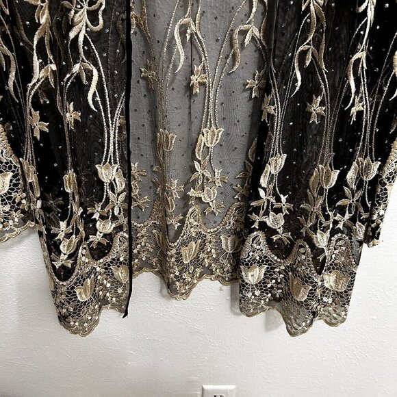 VTG 90s Vonda D’s Black Cream Floral Sheer Mesh Jacket Open Front Beaded Size L - Picture 3 of 12